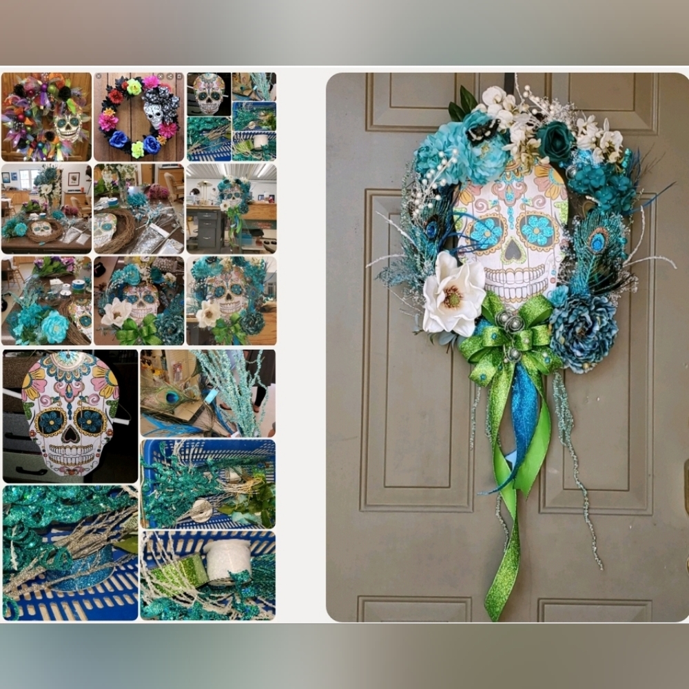 HANDMADE TURQUOISE, GREEN & WHITE SUGAR SKULL WREATH - 1 of a Kind - Picture 2 of 6